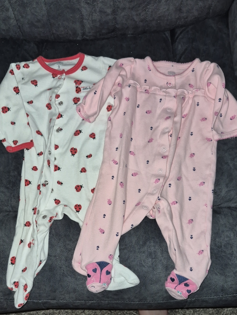Pink and White Ladybug Baby One-Piece Footed Sleepers Both Button Down 3 Months